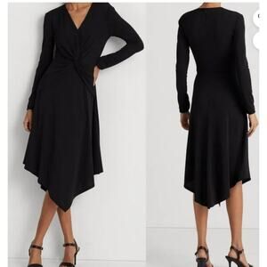 NWT Lauren Ralph Lauren Surplice Stretch Twist Front V-Neck Black Midi Dress 12